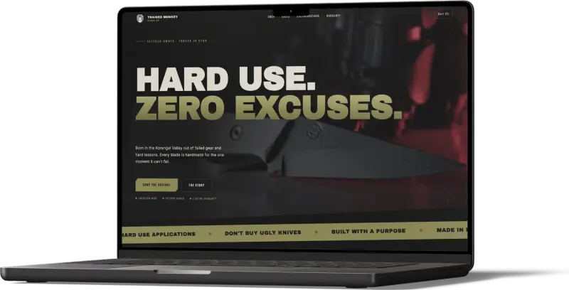 Trained Monkey Blade website on a laptop