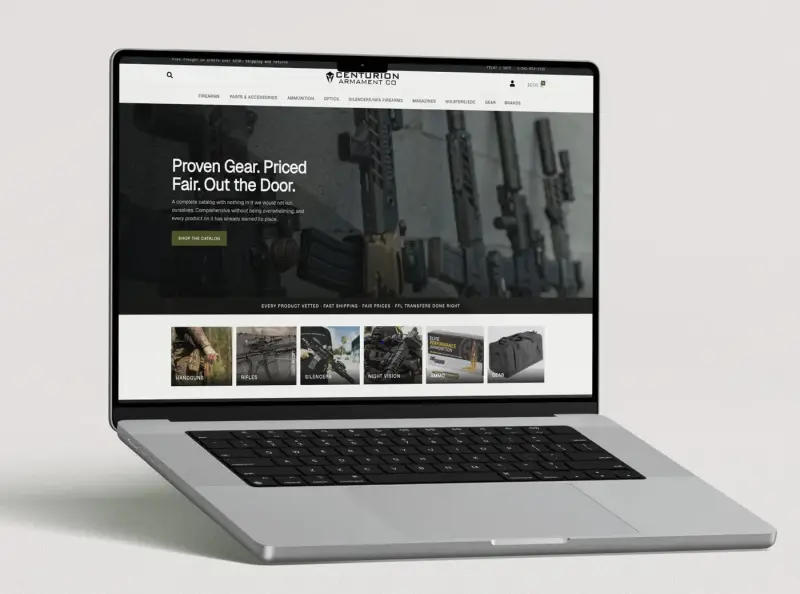 Centurion Armament Co storefront on a laptop